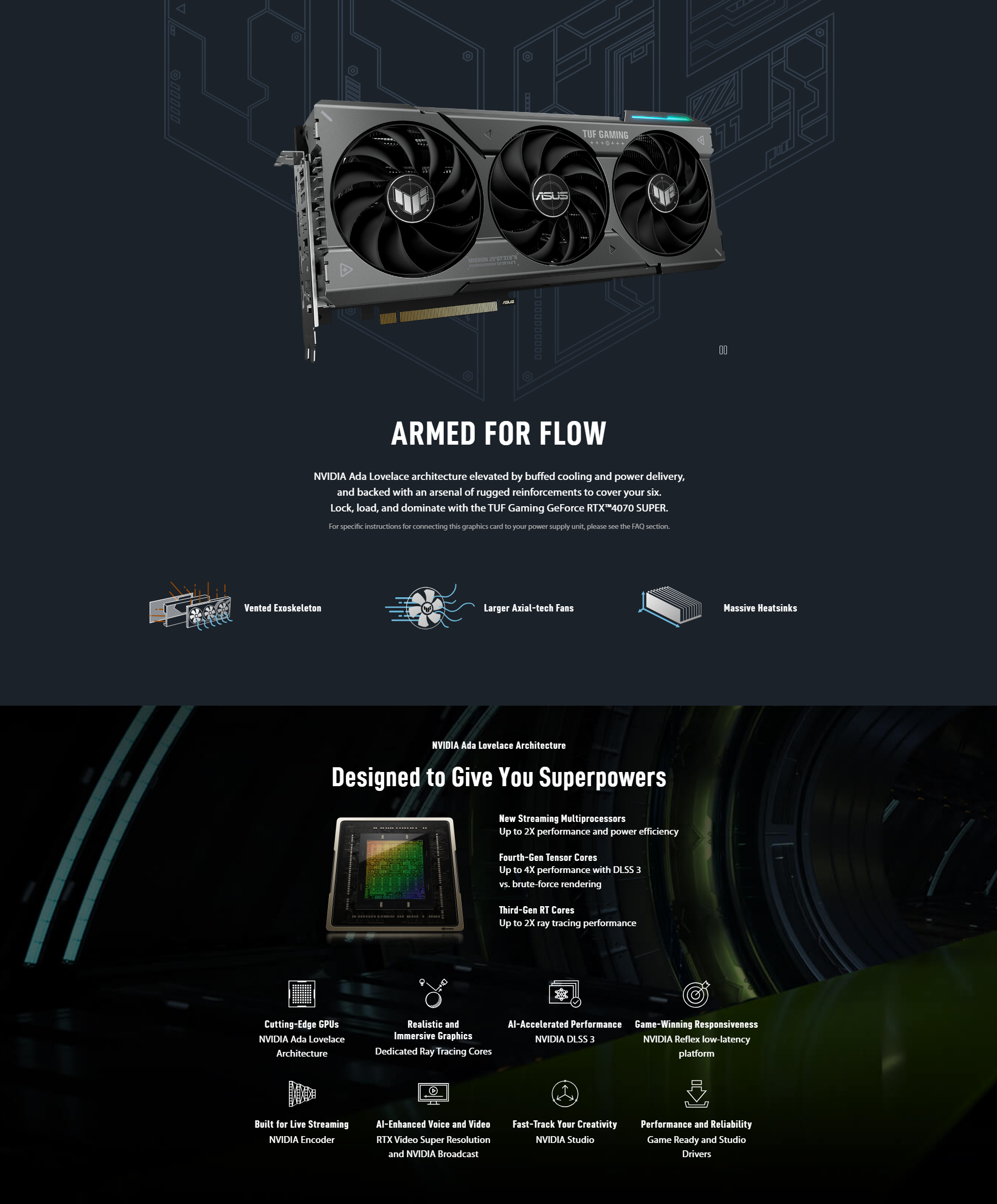 A large marketing image providing additional information about the product ASUS GeForce RTX 4070 SUPER TUF Gaming 12GB GDDR6X - Additional alt info not provided